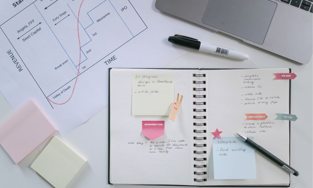 cuaderno de notas llenos de pegatinas con texto para añadir novedades
