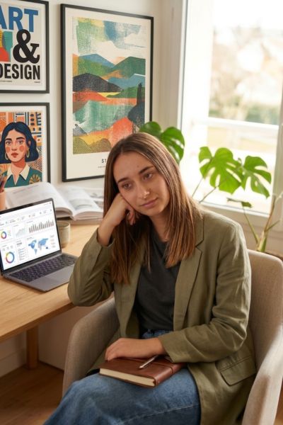 paula herraiz sentada en un escritorio con un portátil viendo analísticas de marketing digital