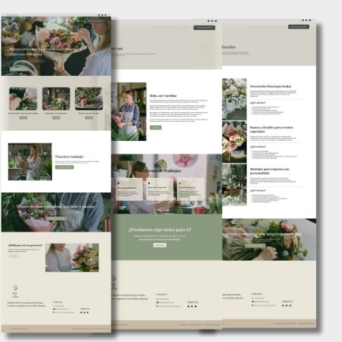 Proyecto de web design donde se ven tres pantallas de una web de una tienda de flores sobre un fondo gris clarito
