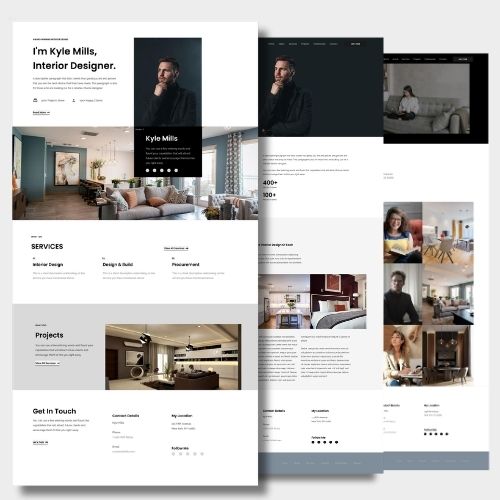 Proyecto de web design donde se ven tres pantallas de una web de diseño de interiores sobre un fondo gris clarito
